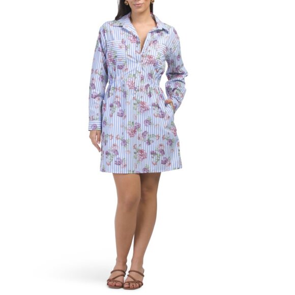 MODA I Blue/White Made In Italy Cotton Blend Striped Floral Shirt Mini Dress - Picture 1 of 2